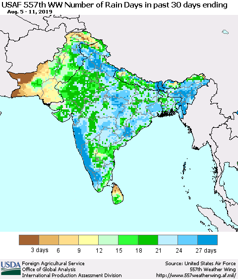 Southern Asia Number of Rain Days in past 30 days (USAF 557th WW) 08/11/2019 Thematic Map For 8/5/2019 - 8/11/2019