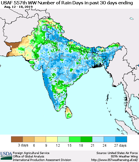 Southern Asia Number of Rain Days in past 30 days (USAF 557th WW) 08/18/2019 Thematic Map For 8/12/2019 - 8/18/2019