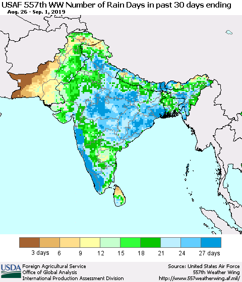 Southern Asia Number of Rain Days in past 30 days (USAF 557th WW) 09/01/2019 Thematic Map For 8/26/2019 - 9/1/2019