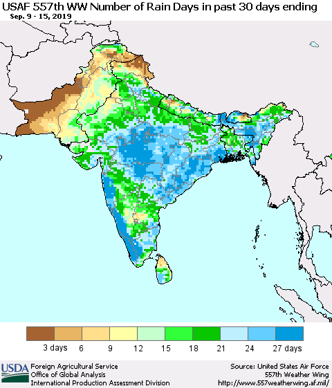 Southern Asia Number of Rain Days in past 30 days (USAF 557th WW) 09/15/2019 Thematic Map For 9/9/2019 - 9/15/2019