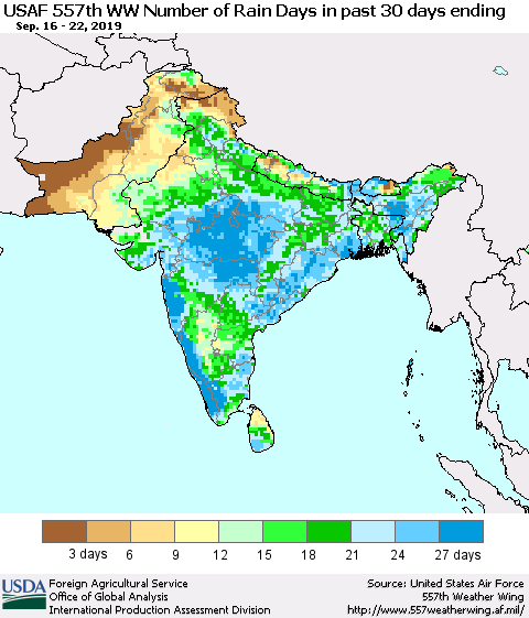 Southern Asia Number of Rain Days in past 30 days (USAF 557th WW) 09/22/2019 Thematic Map For 9/16/2019 - 9/22/2019