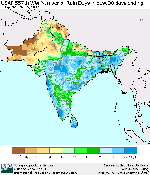 Southern Asia Number of Rain Days in past 30 days (USAF 557th WW) 10/06/2019 Thematic Map For 9/30/2019 - 10/6/2019