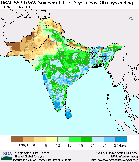 Southern Asia Number of Rain Days in past 30 days (USAF 557th WW) 10/13/2019 Thematic Map For 10/7/2019 - 10/13/2019