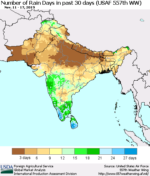 Southern Asia Number of Rain Days in past 30 days (USAF 557th WW) 11/17/2019 Thematic Map For 11/11/2019 - 11/17/2019