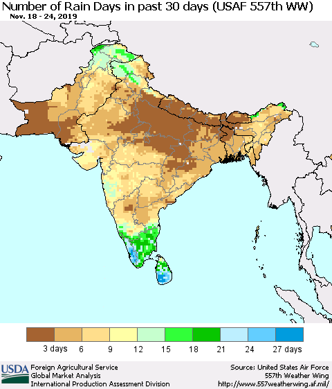 Southern Asia Number of Rain Days in past 30 days (USAF 557th WW) 11/24/2019 Thematic Map For 11/18/2019 - 11/24/2019