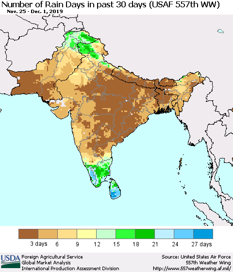 Southern Asia Number of Rain Days in past 30 days (USAF 557th WW) 12/01/2019 Thematic Map For 11/25/2019 - 12/1/2019