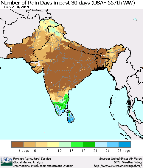 Southern Asia Number of Rain Days in past 30 days (USAF 557th WW) 12/08/2019 Thematic Map For 12/2/2019 - 12/8/2019