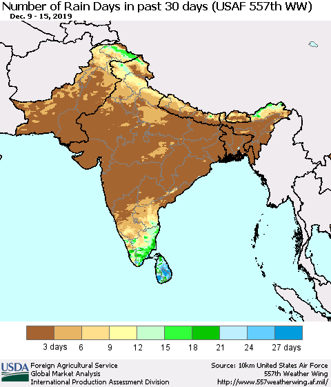 Southern Asia Number of Rain Days in past 30 days (USAF 557th WW) 12/15/2019 Thematic Map For 12/9/2019 - 12/15/2019