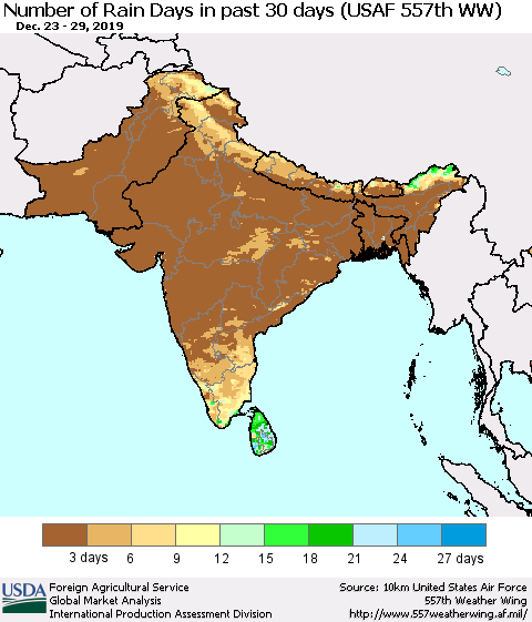 Southern Asia Number of Rain Days in past 30 days (USAF 557th WW) 12/29/2019 Thematic Map For 12/23/2019 - 12/29/2019