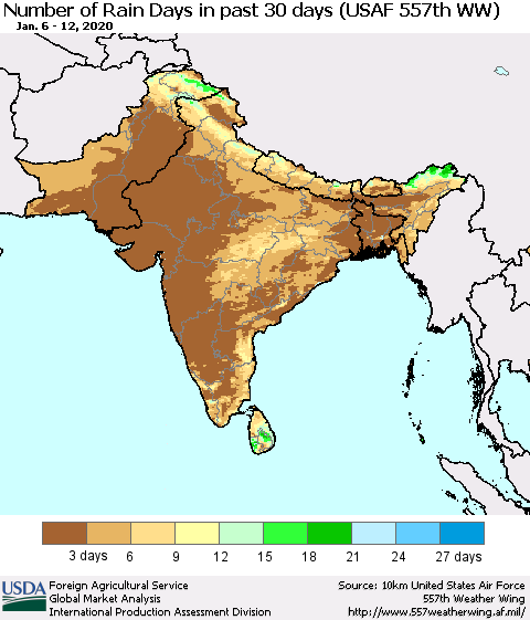 Southern Asia Number of Rain Days in past 30 days (USAF 557th WW) 01/12/2020 Thematic Map For 1/6/2020 - 1/12/2020