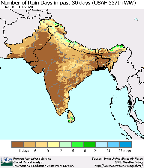 Southern Asia Number of Rain Days in past 30 days (USAF 557th WW) 01/19/2020 Thematic Map For 1/13/2020 - 1/19/2020