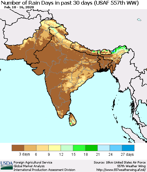 Southern Asia Number of Rain Days in past 30 days (USAF 557th WW) 02/16/2020 Thematic Map For 2/10/2020 - 2/16/2020