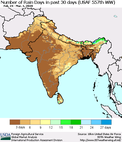 Southern Asia Number of Rain Days in past 30 days (USAF 557th WW) 03/01/2020 Thematic Map For 2/24/2020 - 3/1/2020
