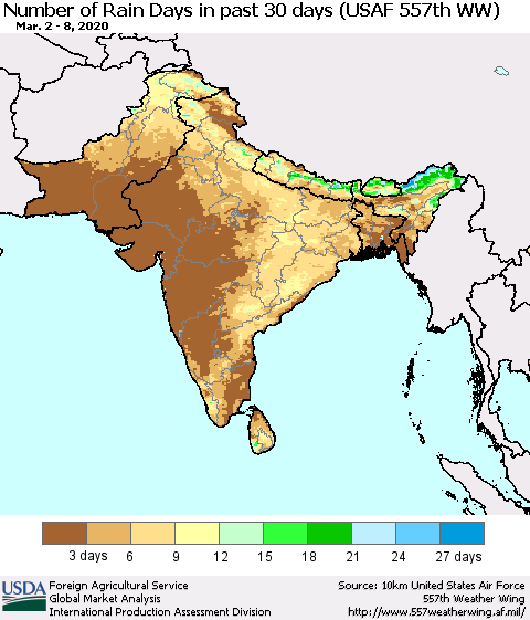Southern Asia Number of Rain Days in past 30 days (USAF 557th WW) 03/08/2020 Thematic Map For 3/2/2020 - 3/8/2020