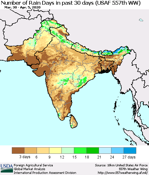 Southern Asia Number of Rain Days in past 30 days (USAF 557th WW) 04/05/2020 Thematic Map For 3/30/2020 - 4/5/2020