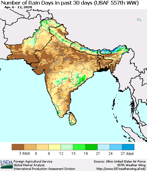 Southern Asia Number of Rain Days in past 30 days (USAF 557th WW) 04/12/2020 Thematic Map For 4/6/2020 - 4/12/2020