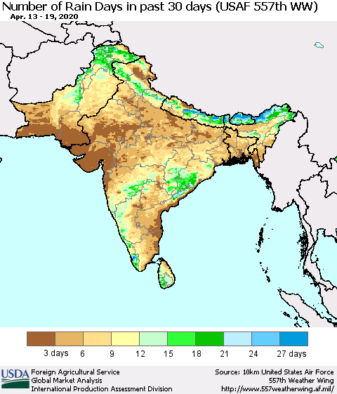 Southern Asia Number of Rain Days in past 30 days (USAF 557th WW) 04/19/2020 Thematic Map For 4/13/2020 - 4/19/2020
