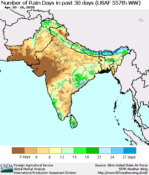 Southern Asia Number of Rain Days in past 30 days (USAF 557th WW) 04/26/2020 Thematic Map For 4/20/2020 - 4/26/2020