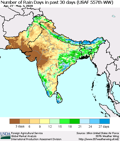 Southern Asia Number of Rain Days in past 30 days (USAF 557th WW) 05/03/2020 Thematic Map For 4/27/2020 - 5/3/2020