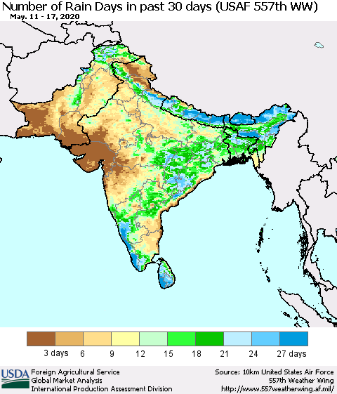 Southern Asia Number of Rain Days in past 30 days (USAF 557th WW) 05/17/2020 Thematic Map For 5/11/2020 - 5/17/2020