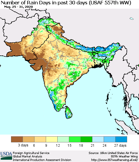 Southern Asia Number of Rain Days in past 30 days (USAF 557th WW) 05/31/2020 Thematic Map For 5/25/2020 - 5/31/2020