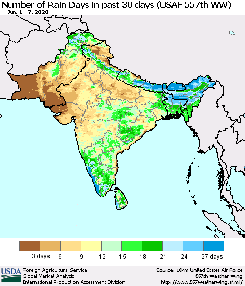 Southern Asia Number of Rain Days in past 30 days (USAF 557th WW) 06/07/2020 Thematic Map For 6/1/2020 - 6/7/2020