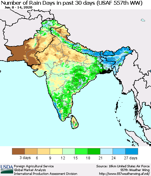 Southern Asia Number of Rain Days in past 30 days (USAF 557th WW) 06/14/2020 Thematic Map For 6/8/2020 - 6/14/2020