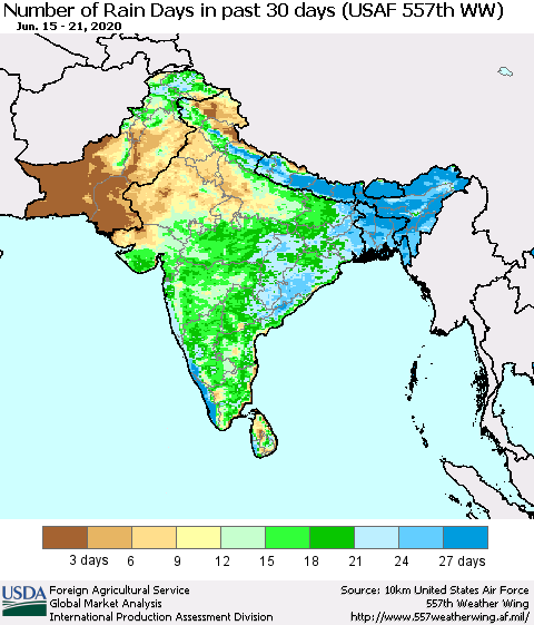 Southern Asia Number of Rain Days in past 30 days (USAF 557th WW) 06/21/2020 Thematic Map For 6/15/2020 - 6/21/2020