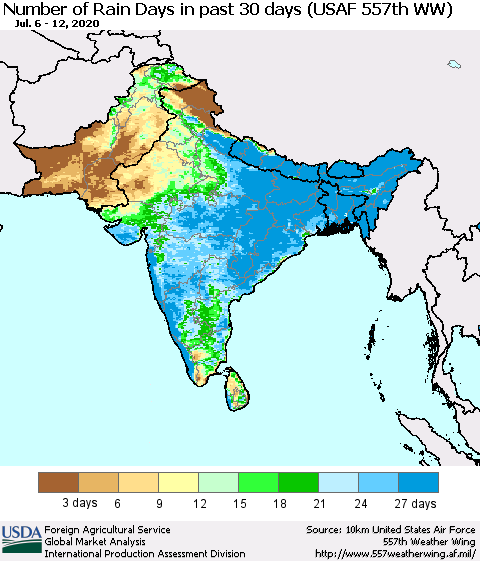 Southern Asia Number of Rain Days in past 30 days (USAF 557th WW) 07/12/2020 Thematic Map For 7/6/2020 - 7/12/2020