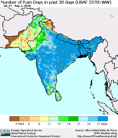 Southern Asia Number of Rain Days in past 30 days (USAF 557th WW) 08/02/2020 Thematic Map For 7/27/2020 - 8/2/2020