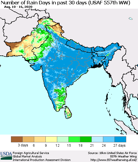 Southern Asia Number of Rain Days in past 30 days (USAF 557th WW) 08/16/2020 Thematic Map For 8/10/2020 - 8/16/2020