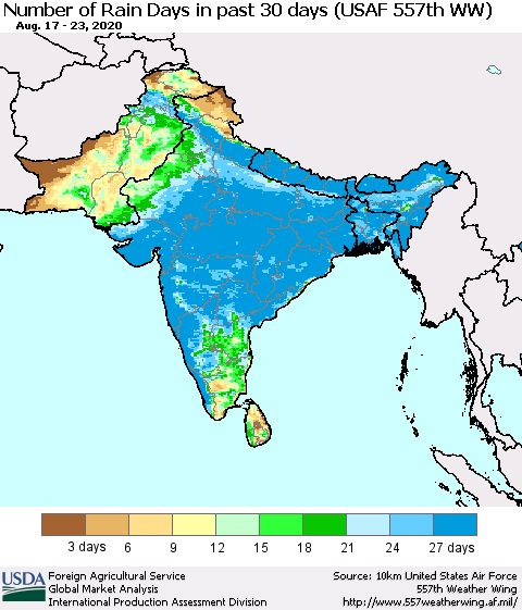 Southern Asia Number of Rain Days in past 30 days (USAF 557th WW) 08/23/2020 Thematic Map For 8/17/2020 - 8/23/2020
