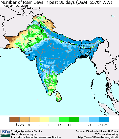 Southern Asia Number of Rain Days in past 30 days (USAF 557th WW) 08/30/2020 Thematic Map For 8/24/2020 - 8/30/2020