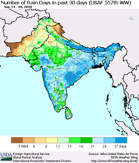Southern Asia Number of Rain Days in past 30 days (USAF 557th WW) 09/20/2020 Thematic Map For 9/14/2020 - 9/20/2020
