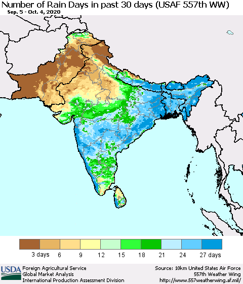 Southern Asia Number of Rain Days in past 30 days (USAF 557th WW) 10/04/2020 Thematic Map For 9/28/2020 - 10/4/2020