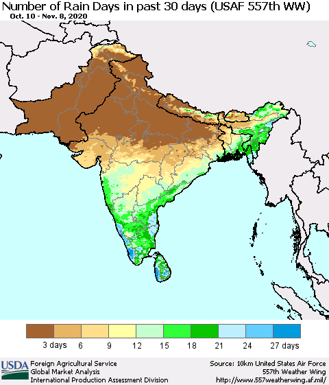 Southern Asia Number of Rain Days in past 30 days (USAF 557th WW) 11/08/2020 Thematic Map For 11/2/2020 - 11/8/2020