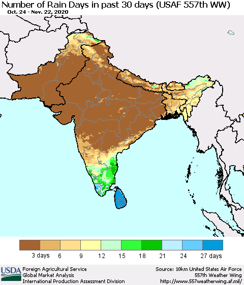 Southern Asia Number of Rain Days in past 30 days (USAF 557th WW) 11/22/2020 Thematic Map For 11/16/2020 - 11/22/2020