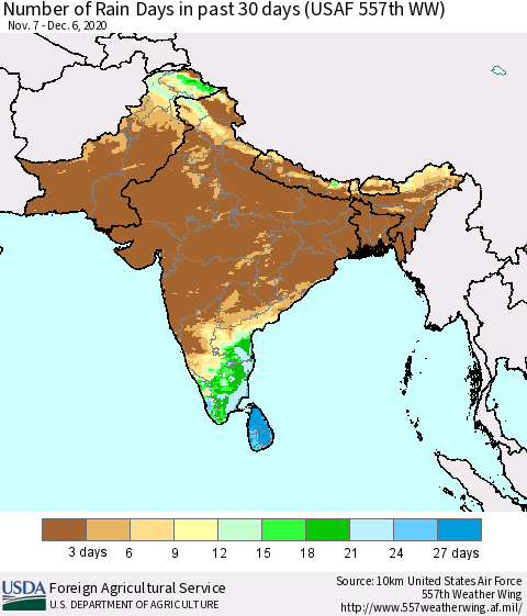 Southern Asia Number of Rain Days in past 30 days (USAF 557th WW) 12/06/2020 Thematic Map For 11/30/2020 - 12/6/2020