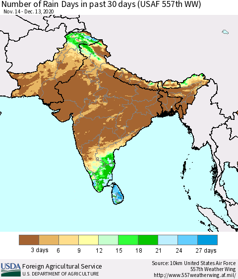 Southern Asia Number of Rain Days in past 30 days (USAF 557th WW) 12/13/2020 Thematic Map For 12/7/2020 - 12/13/2020