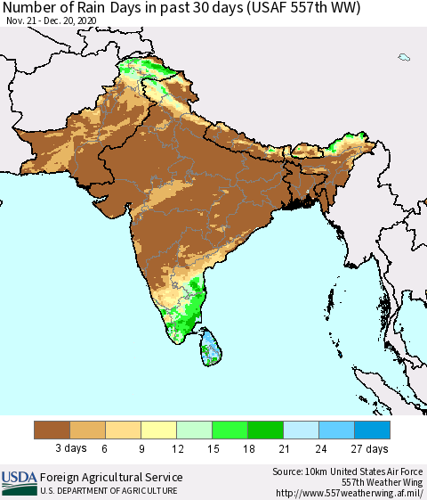 Southern Asia Number of Rain Days in past 30 days (USAF 557th WW) 12/20/2020 Thematic Map For 12/14/2020 - 12/20/2020