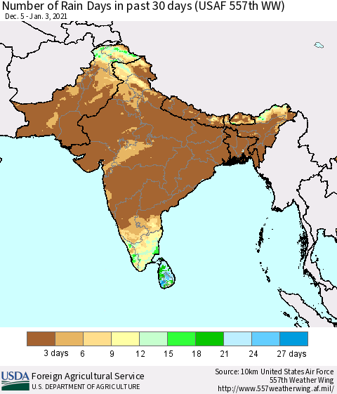 Southern Asia Number of Rain Days in past 30 days (USAF 557th WW) 01/03/2021 Thematic Map For 12/28/2020 - 1/3/2021