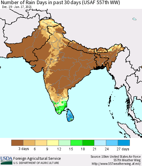 Southern Asia Number of Rain Days in past 30 days (USAF 557th WW) 01/17/2021 Thematic Map For 1/11/2021 - 1/17/2021