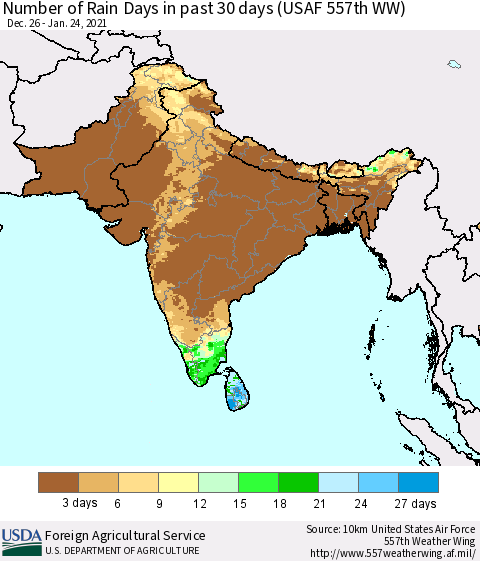 Southern Asia Number of Rain Days in past 30 days (USAF 557th WW) 01/24/2021 Thematic Map For 1/18/2021 - 1/24/2021