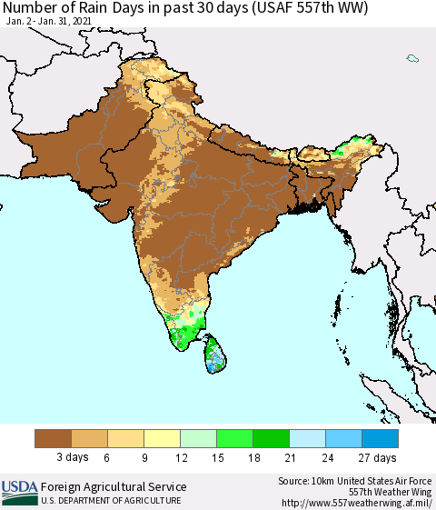 Southern Asia Number of Rain Days in past 30 days (USAF 557th WW) 01/31/2021 Thematic Map For 1/25/2021 - 1/31/2021