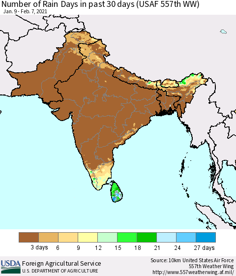 Southern Asia Number of Rain Days in past 30 days (USAF 557th WW) 02/07/2021 Thematic Map For 2/1/2021 - 2/7/2021