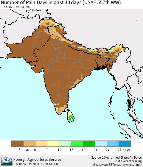 Southern Asia Number of Rain Days in past 30 days (USAF 557th WW) 02/14/2021 Thematic Map For 2/8/2021 - 2/14/2021
