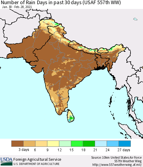 Southern Asia Number of Rain Days in past 30 days (USAF 557th WW) 02/28/2021 Thematic Map For 2/22/2021 - 2/28/2021