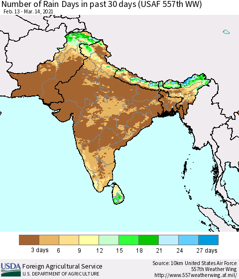 Southern Asia Number of Rain Days in past 30 days (USAF 557th WW) 03/14/2021 Thematic Map For 3/8/2021 - 3/14/2021