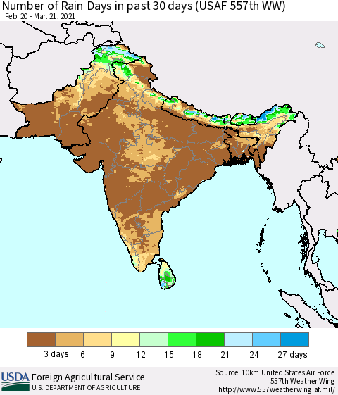 Southern Asia Number of Rain Days in past 30 days (USAF 557th WW) 03/21/2021 Thematic Map For 3/15/2021 - 3/21/2021