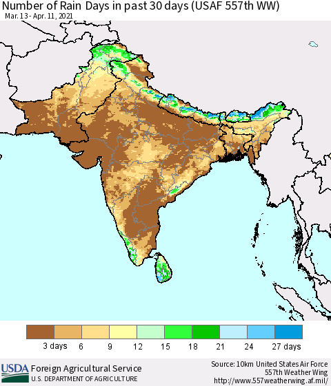 Southern Asia Number of Rain Days in past 30 days (USAF 557th WW) 04/11/2021 Thematic Map For 4/5/2021 - 4/11/2021